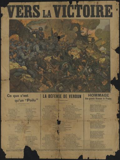 Imprimé intitulé "Vers la victoire" présentant les textes de chansons de la Première Guerre mondiale et des encarts publicitaires (2 p. impr.).
